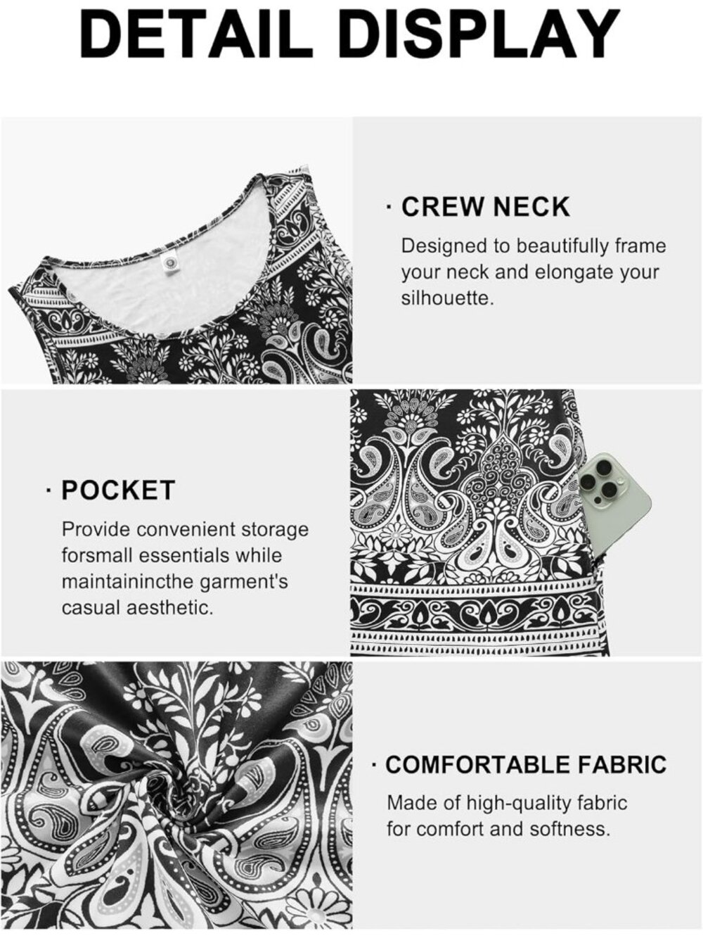 Women's Black Print Casual Summer tank d Tank Round Neck Knee Length Mini Dress - Picture 5 of 6